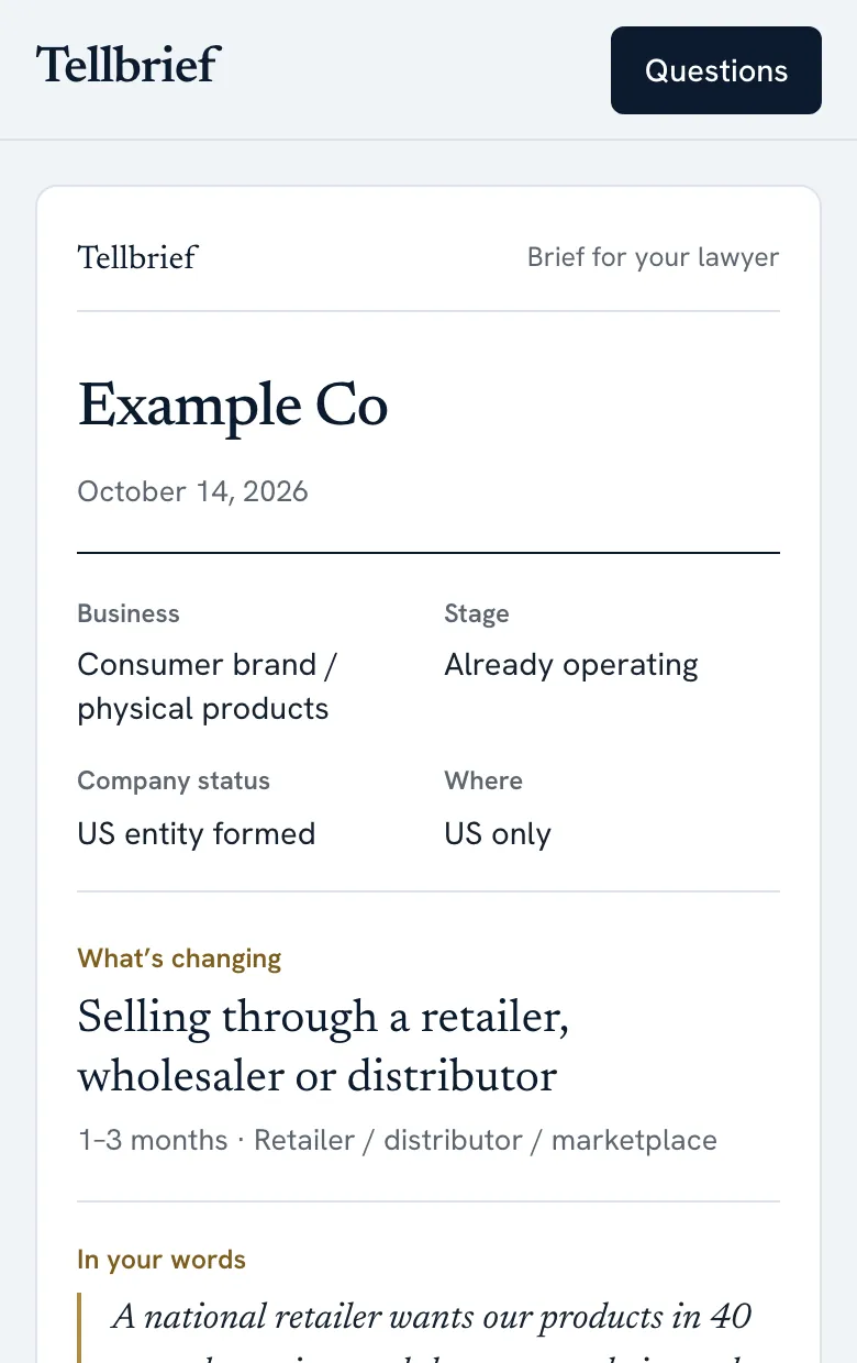 The finished brief on a phone: the company basics, what’s changing and the founder’s own words.